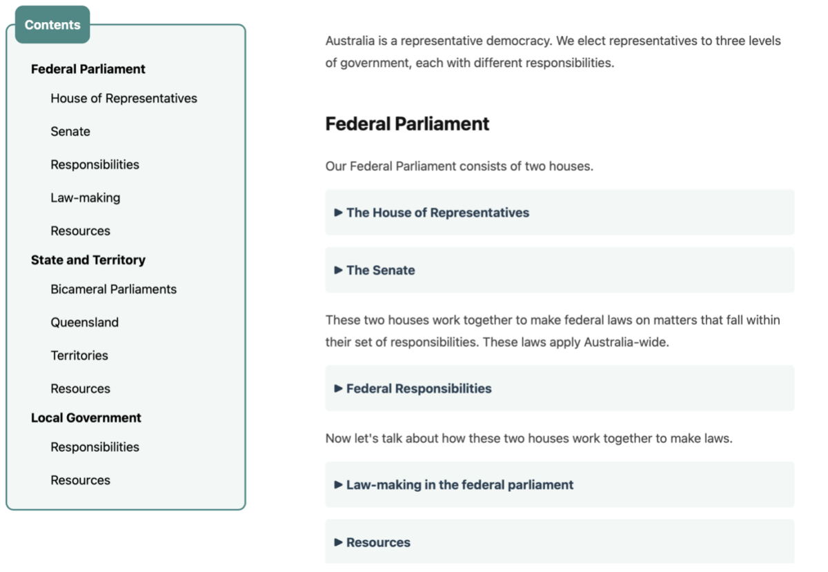 Screenshot of landing page when a visitor choses to learn about Australian democracy. A menu sits to the left containing items for each level of government, and the main content to the right.