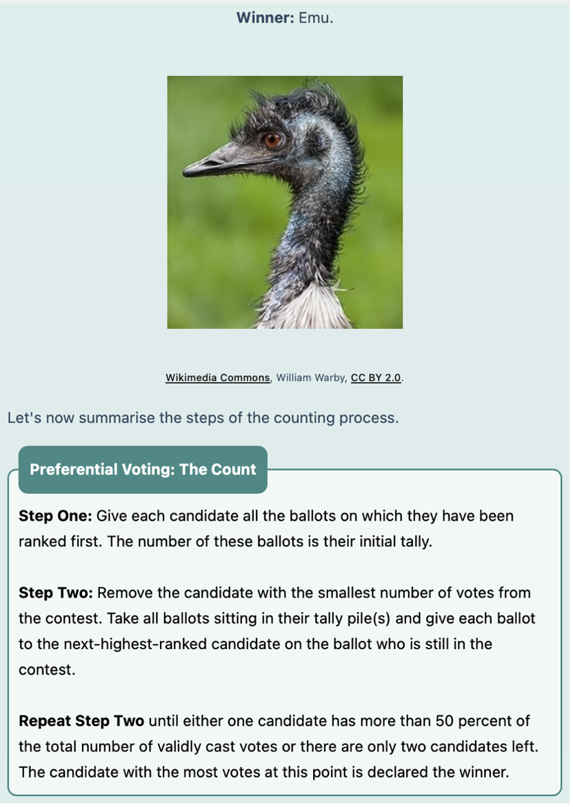 Screenshot showing the result of the Top Bird contest followed by a summary of the vote counting process. This summary is replicated in a textual description below the image.