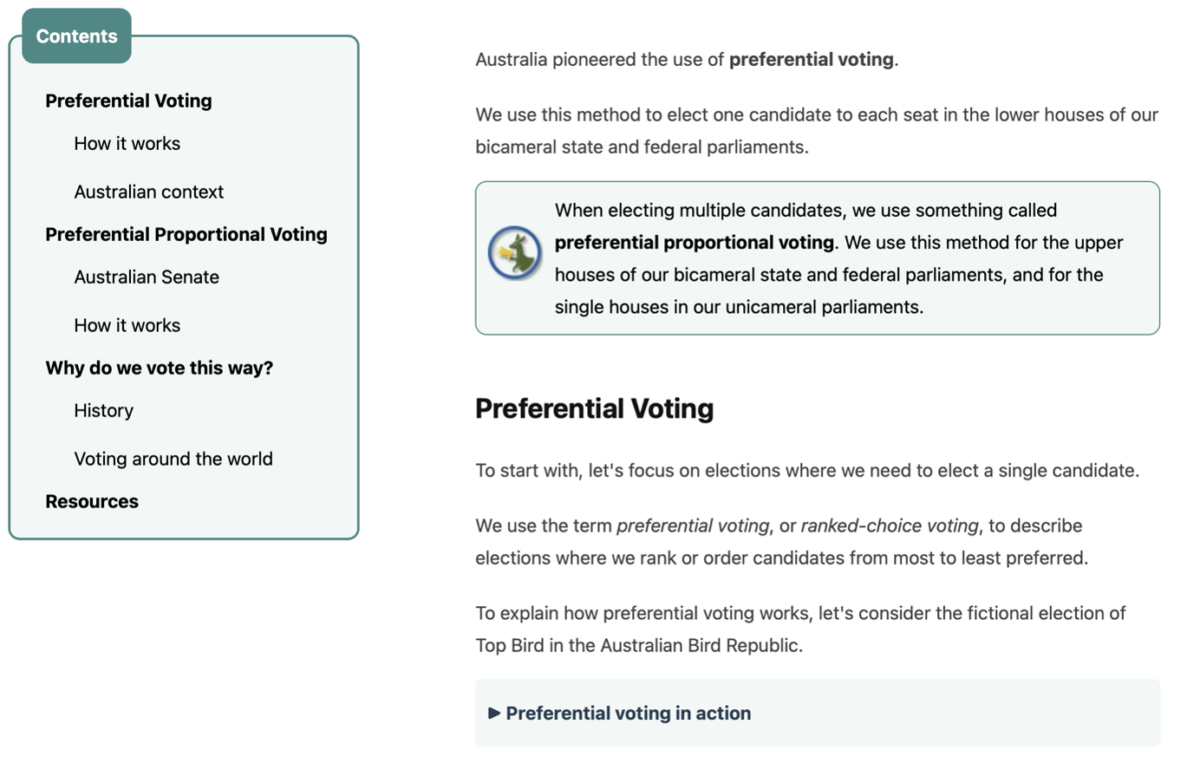 Screenshot of landing page when visitor chooses to learn about how we vote and how we count our votes. Topics covered are preferential voting, preferential proportional voting and why we use these systems.
